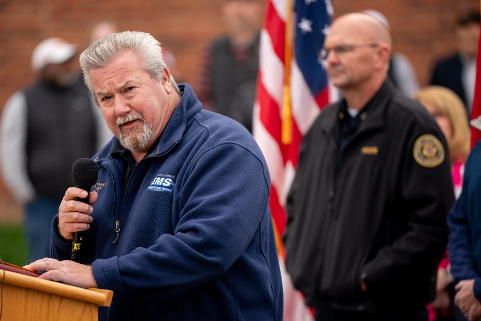 Jimmie Edwards, Director of Emergency Services, speaks during a press conference in Clarksville, Tenn., Sunday, Dec. 10, 2023. Tornadoes struck Middle Tennessee on Saturday, killing at least six people and leaving more than 160,000 Middle Tennessee residents without power.