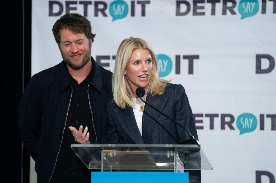 Matthew and Kelly Stafford make remarks before the ribbon-cutting for the Kelly and Matthew Stafford and Friends Education Center at the S.A.Y Detroit Play Center in Detroit on Monday, April 1, 2024.