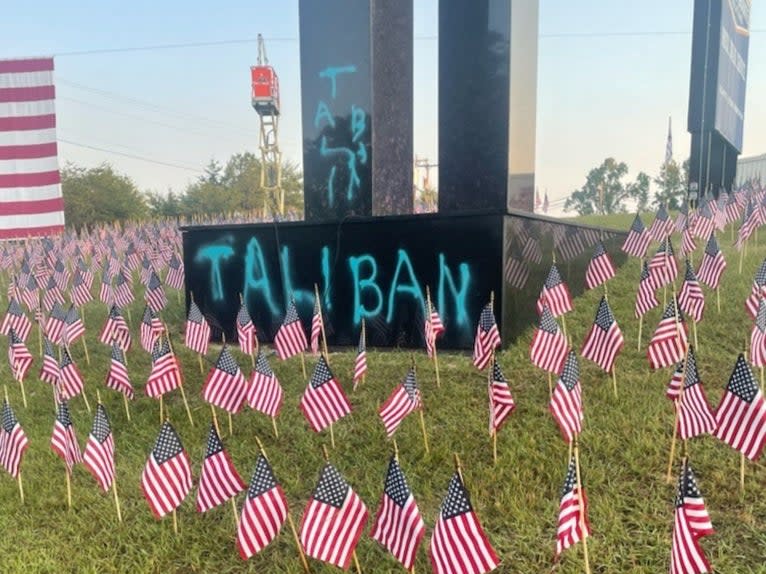 A 9/11 memorial at Upstate Granite Solutions in Greenville, South Carolina was defaced with the spray-painted word ‘Taliban’  (Courtesy of Upstate Granite Solutions)