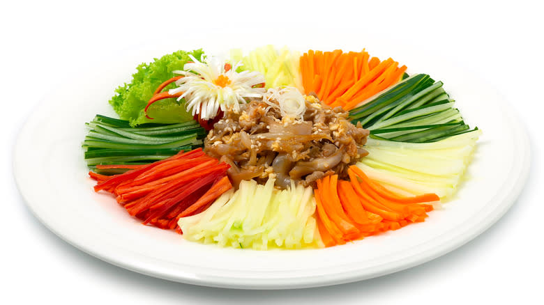 Korean haepari-naengchae (jellyfish salad) on plate