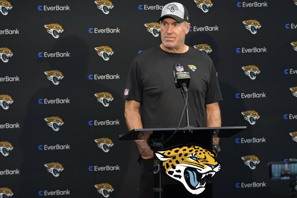 Jacksonville Jaguars head coach Doug Pederson answers questions during a news conference after an NFL football game against the Baltimore Ravens, Monday, Dec. 18, 2023, in Jacksonville, Fla. (AP Photo/John Raoux)