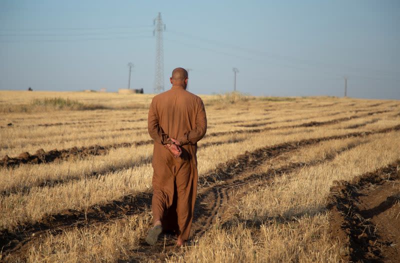 A farmer walks along his field near the city of Qamishli