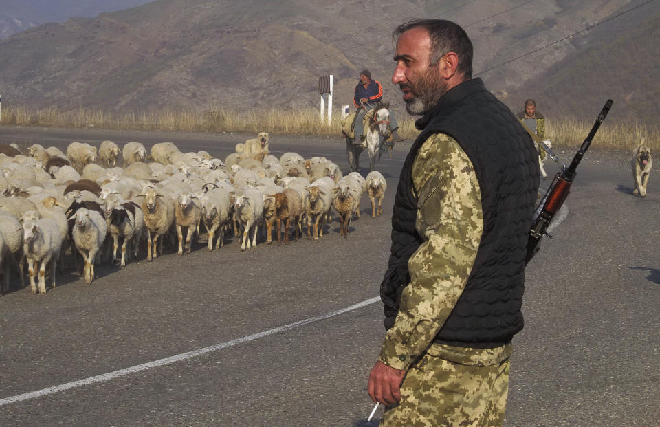 An ethnic Armenian soldier looks at flock of sheep driven away from the front line outside Berdzor, the separatist region of Nagorno-Karabakh, Sunday, Nov. 1, 2020. Fighting over the separatist territory of Nagorno-Karabakh entered sixth week on Sunday, with Armenian and Azerbaijani forces blaming each other for new attacks. (AP Photo)