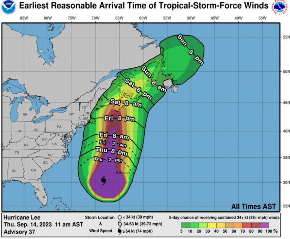 Forecast of arrival time of winds from Hurricane Lee on Thursday, September 14 (NOAA)