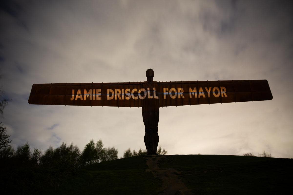 A Jamie Driscoll campaign message projected onto the Angel of the North by the Green New Deal Rising group <i>(Image: Green New Deal Rising)</i>
