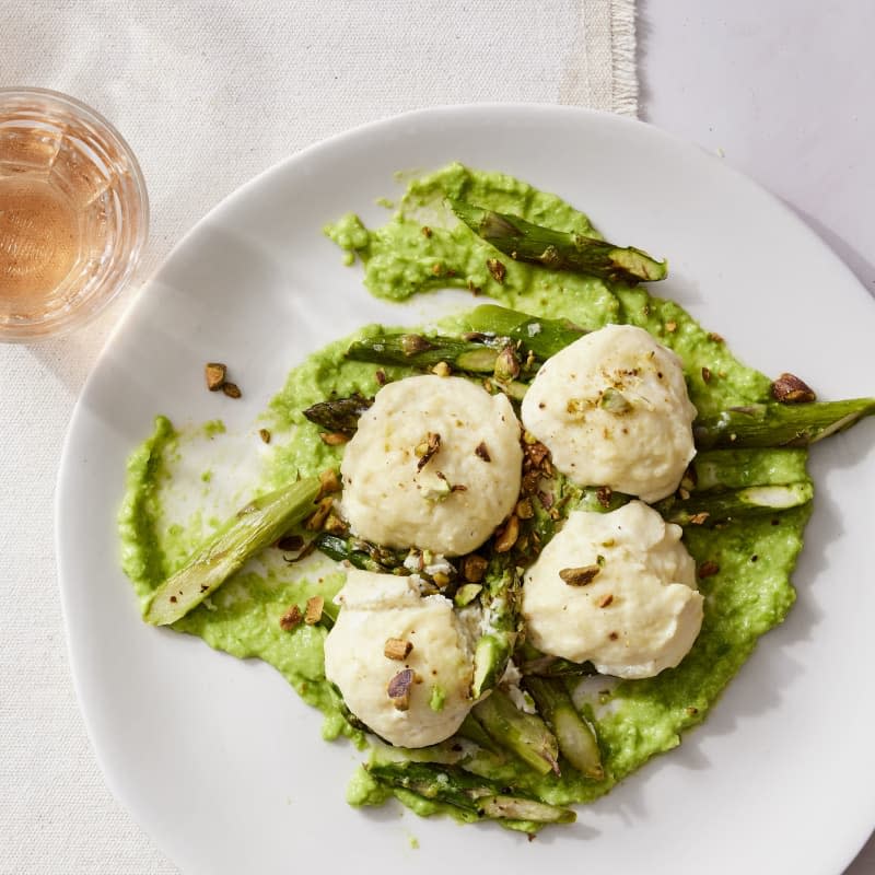 Lemony Baked Ricotta Dumplings with Asparagus and Pea Pesto