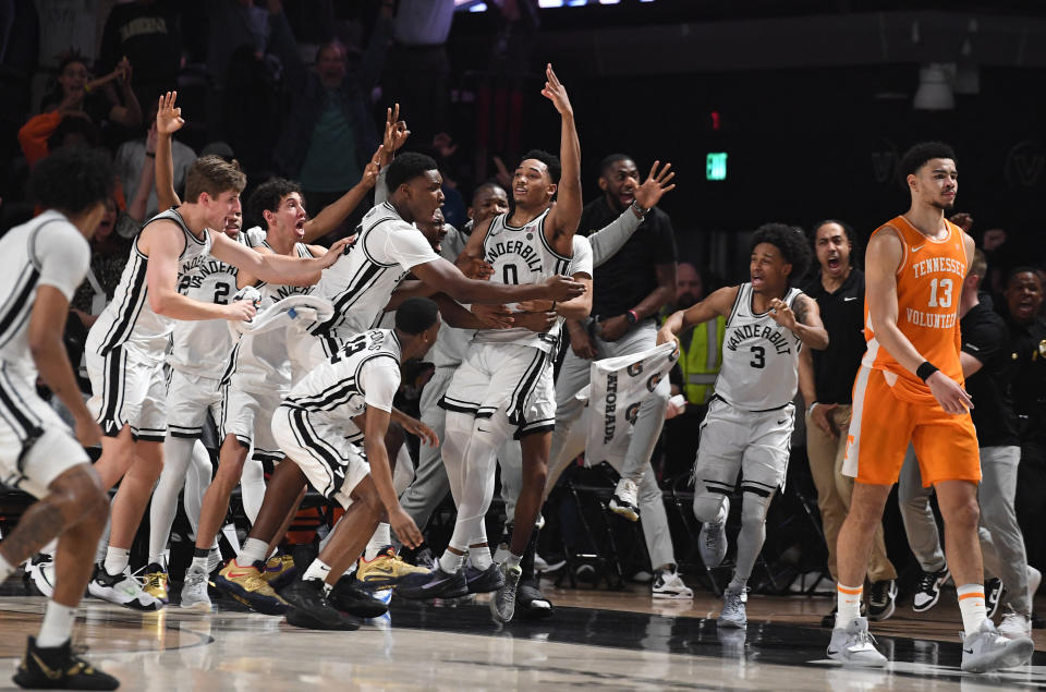 Tyrin Lawrence celebrates after making the winning 3-pointer at the buzzer to lead Vanderbilt past No. 6 Tennessee on Tuesday. (Christopher Hanewinckel/USA Today)