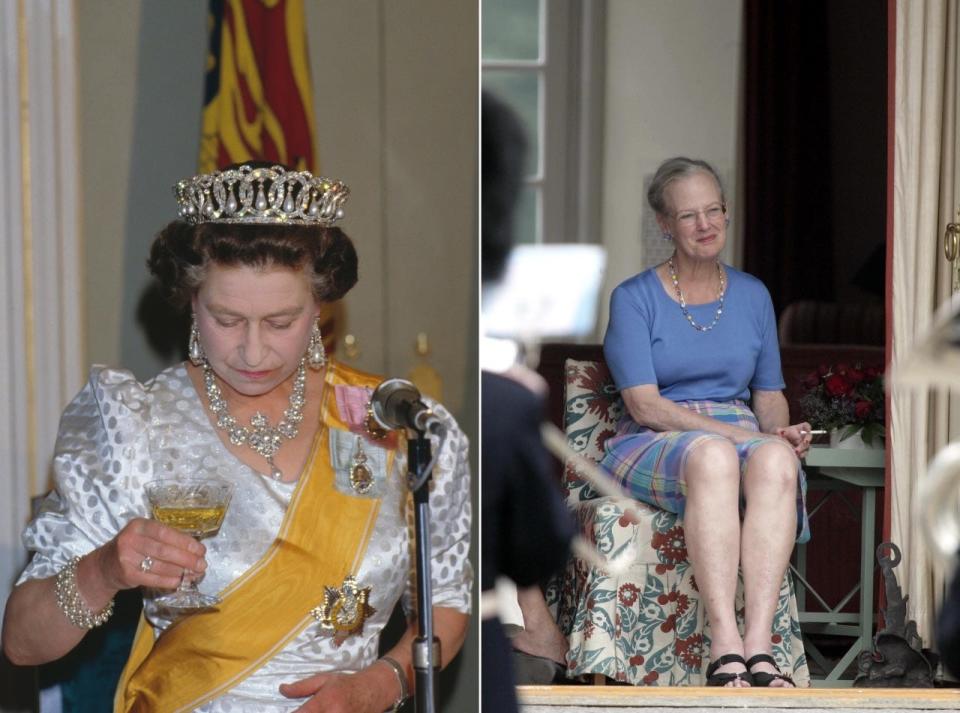 Queen Elizabeth II holding a drink (left) and Queen Margrethe II with a cigarette (right).