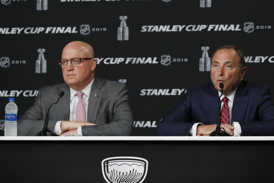 BOSTON, MA - MAY 27: NHL Deputy Commissioner Bill Daly III and Commissioner Gary Bettman before Game 1 of the 2019 Stanley Cup Finals between the Boston Bruins and the St. Louis Blues on May 27, 2019, at TD Garden in Boston, Massachusetts. (Photo by Fred Kfoury III/Icon Sportswire via Getty Images)