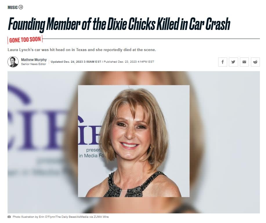 A photo of Laura Lynch, CBC journalist, mistakenly used in an obituary for U.S. singer Laura Lynch in online news site The Daily Beast.