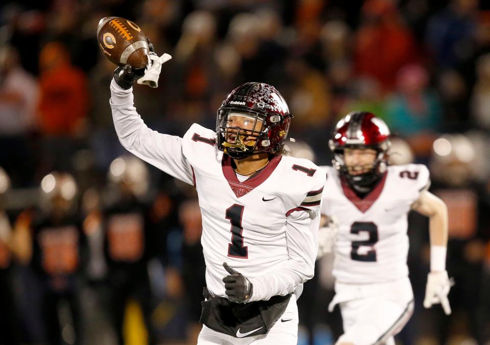 Wagoner's Witt Edwards (1) celebrates a fumble recovery during the Class 4A state championship against Cushing at the University of Central Oklahoma's Chad Richison Stadium in Edmond on Dec. 3.