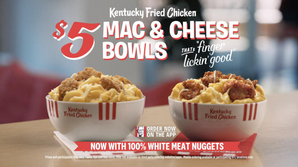  $5 KFC Mac & Cheese Bowls are back starting April 3, with new KFC
Nuggets and KFC's cheddar mac & cheese — all topped with a three-cheese blend . (KFC)