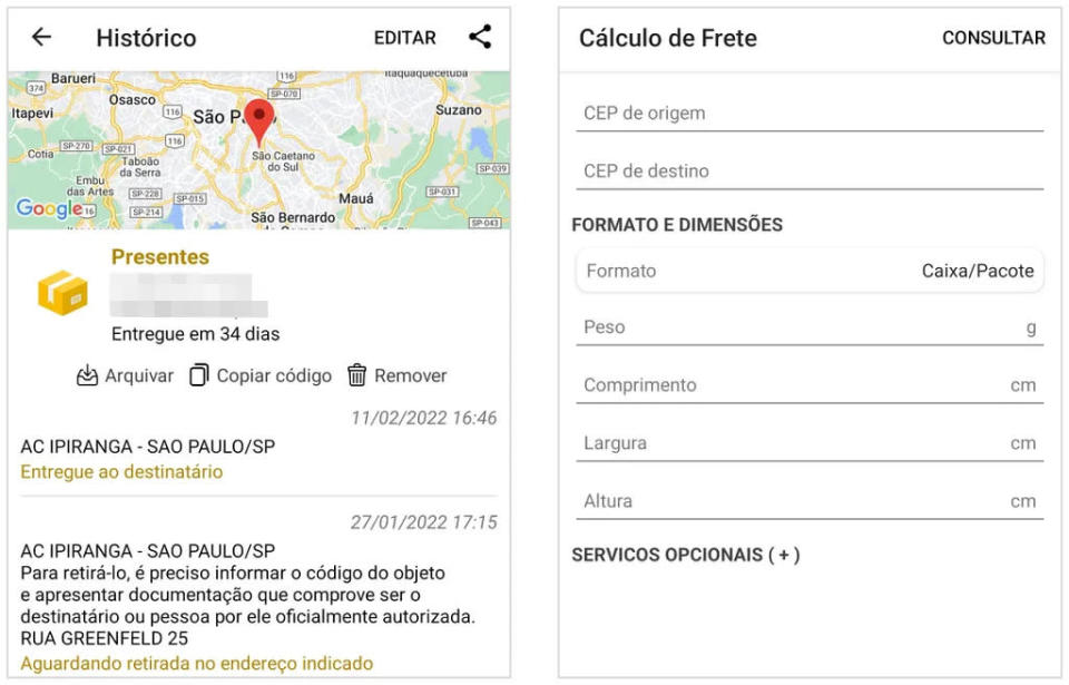 Para Android e iOS, app Rastreio de Encomendas ainda traz calculadora de frete (Captura de tela: Caio Carvalho)