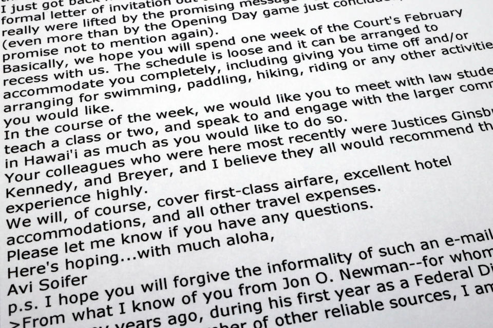 An email from April 5, 2010, to Supreme Court Justice Sonia Sotomayor about teaching at the University of Hawaii law school, is photographed, July 10, 2023. An Associated Press examination of the ethics practices of the U.S. Supreme Court relied on documents obtained from more than 100 public records requests to public colleges, universities and other institutions that have hosted the justices over the past decade. (AP Photo/Jon Elswick)