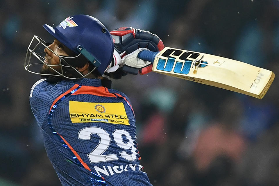 Seen here, Lucknow Super Giants batter Nicholas Pooran plays a shot in the Indian Premier League. 