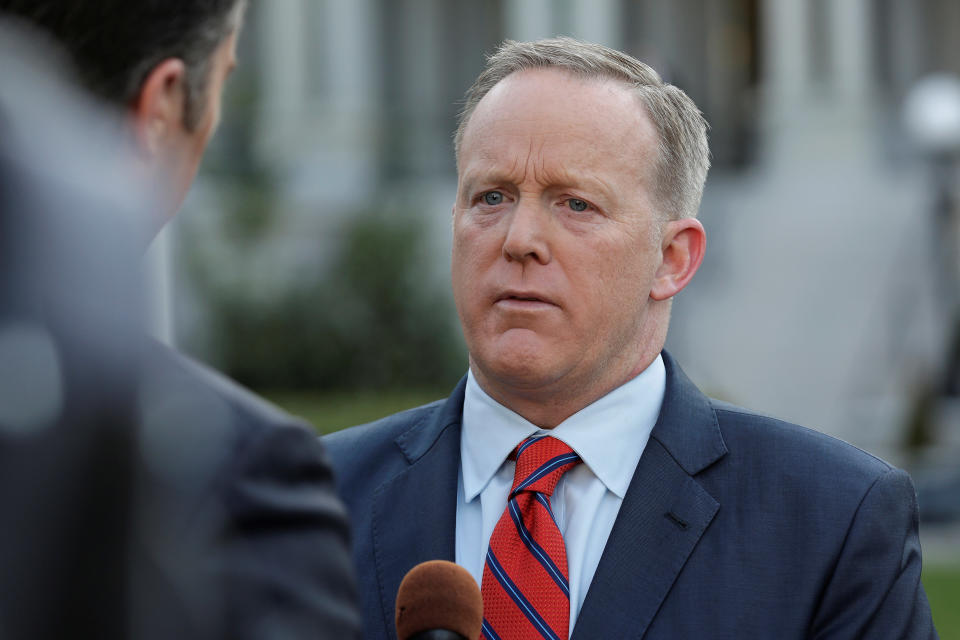 White House Press Secretary Sean Spicer apologizes during an interview for saying Adolf Hitler did not use chemical weapons, at the White House in Washington, U.S., April 11, 2017. REUTERS/Joshua Roberts