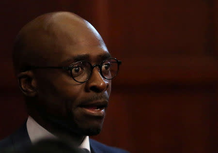 South Africa's new finance minister, Malusi Gigaba looks on after the swearing in of cabinet ministers following a reshuffle that replaced Pravin Gordhan as finance minister with Gigaba along with various other ministers and their deputies in Pretoria, South Africa, March 31,2017. REUTERS/Siphiwe Sibeko