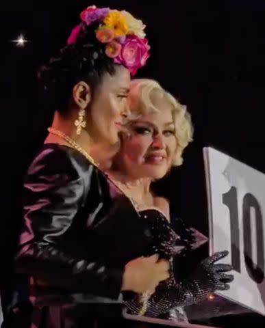 <p>Salma Hayek/Instagram</p> Salma Hayek (left) and Madonna onstage together on April 26