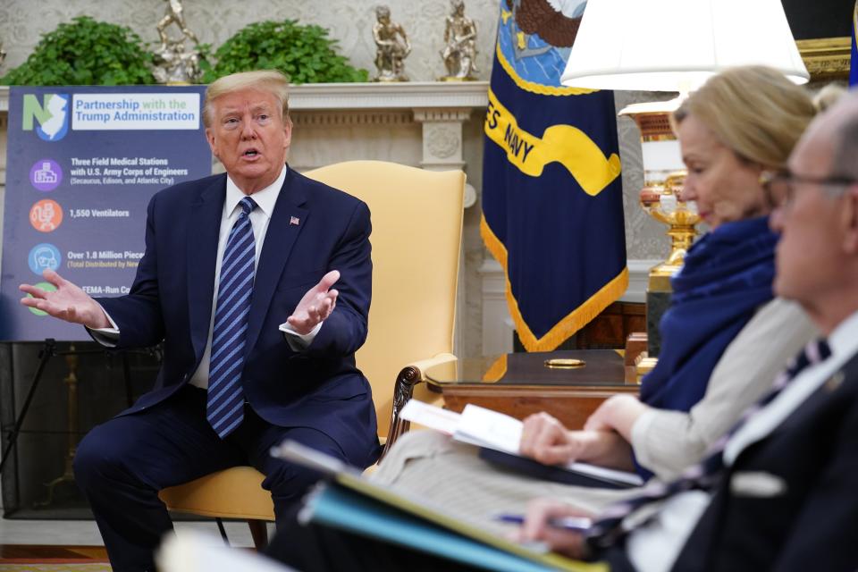 US President Donald Trump speaks as he meets with New Jersey Governor Phil Murphy in the Oval Office of the White House on April 30, 2020, in Washington, DC. (Photo by MANDEL NGAN / AFP) (Photo by MANDEL NGAN/AFP via Getty Images)