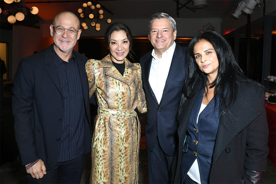 Peter Friedlander, Michelle Yeoh, Ted Sarandos and Bela Bajaria attend the Los Angeles premiere of Netflix's "The Brothers Sun" after party on January 04, 2024 in Los Angeles, California.