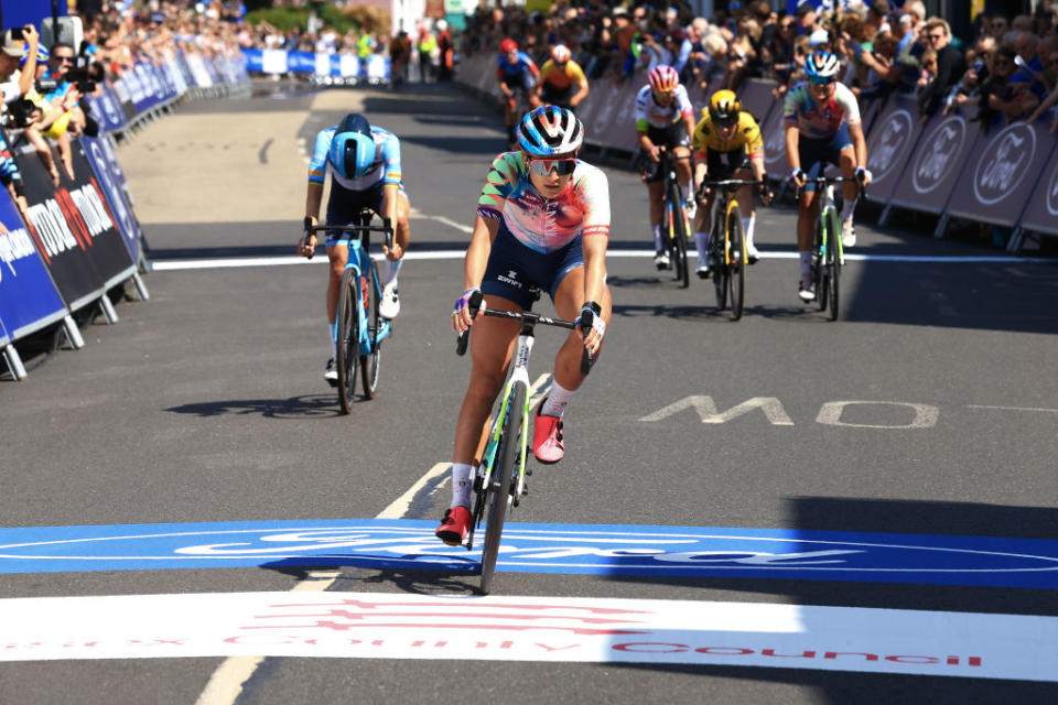 MALDON ENGLAND  MAY 27 Chloe Dygert of The United States and Team CanyonSRAM Racing sprint at finish line to win the 6th RideLondon Classique 2023 Stage 2 a 1331km stage from Maldon to Maldon  UCIWWT  on May 27 2023 in Maldon England Photo by Stephen PondGetty Images