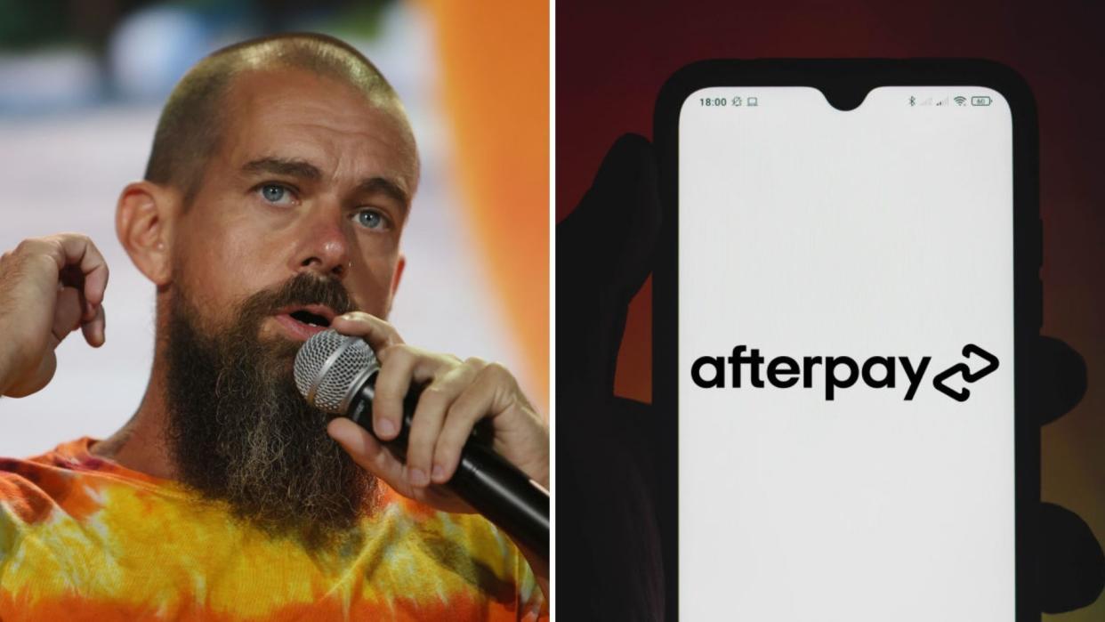 Twitter founder Jack Dorsey speaking into microphone, phone with Afterpay logo. 
