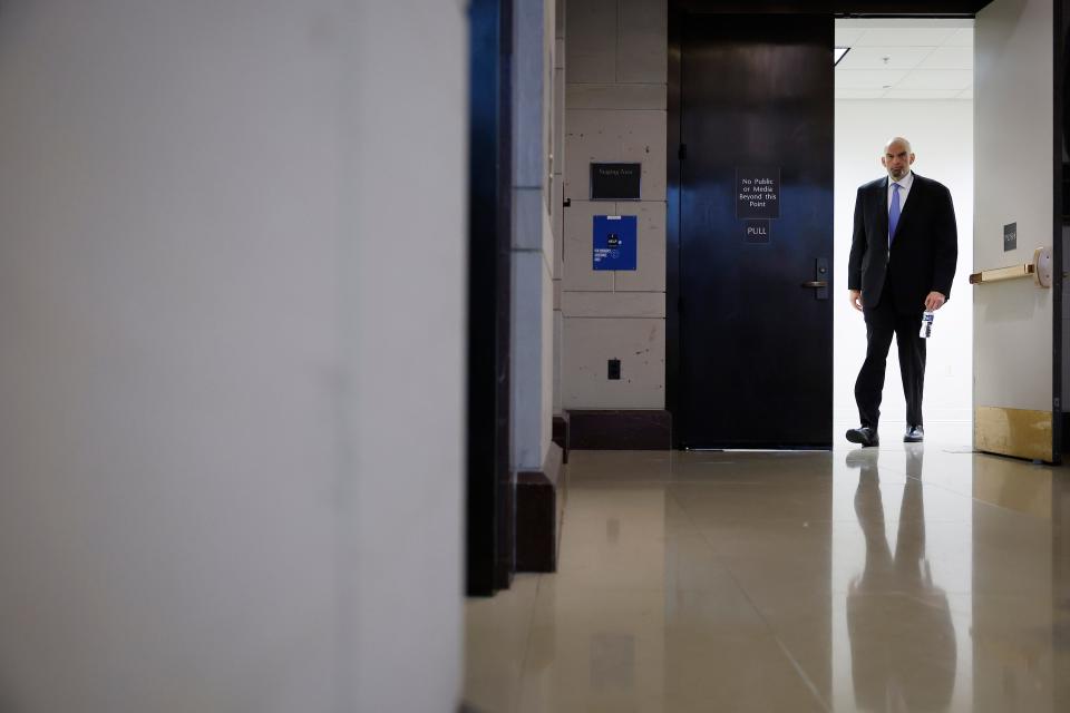 Sen. John Fetterman, D-P., emerges from a closed-door, classified briefing for senators at the U.S. Capitol on Feb. 14 in Washington.