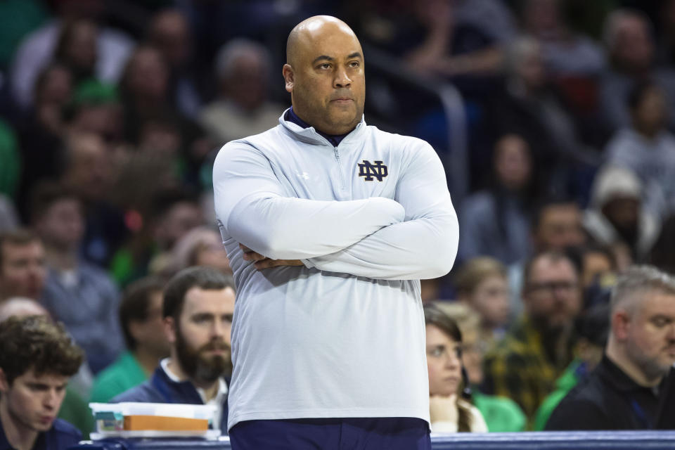 Notre Dame coach Micah Shrewsberry watches from the sideline during the first half of the team's NCAA college basketball game against Duke on Saturday, Jan. 6, 2024, in South Bend, Ind. (AP Photo/Michael Caterina)