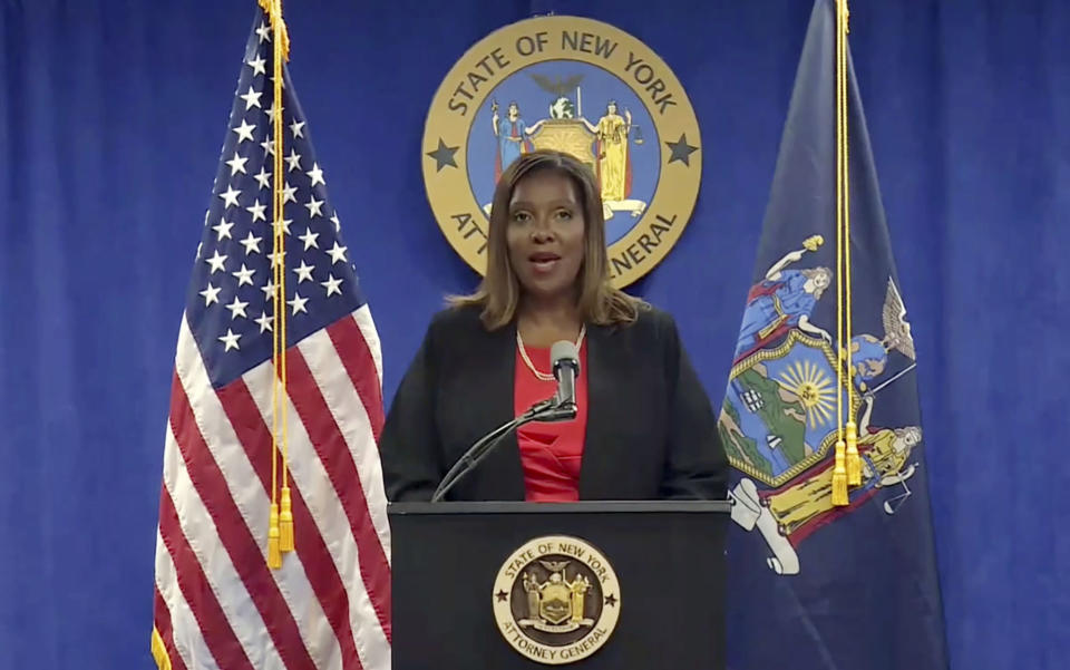 In this still image from video, New York State Attorney General Letitia James addresses a news conference, in New York, Tuesday, Aug. 3, 2021. An investigation into New York Gov. Andrew Cuomo found that he sexually harassed multiple current and former state government employees, state  James announced Tuesday.(Courtesy NY State Attorney General via AP)