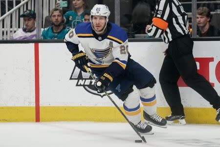 May 19, 2019; San Jose, CA, USA; St. Louis Blues left wing Alexander Steen (20) controls the puck against the San Jose Sharks during the third period in Game 5 of the Western Conference Final of the 2019 Stanley Cup Playoffs at SAP Center at San Jose. Mandatory Credit: Stan Szeto-USA TODAY Sports