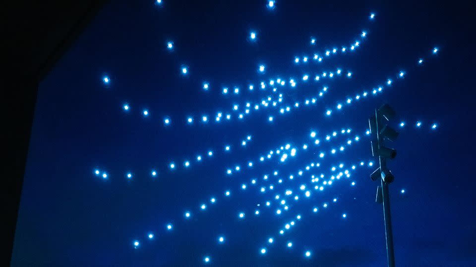 Drones in formation during the nightly performance. - Crystal Bridges Museum of American Art