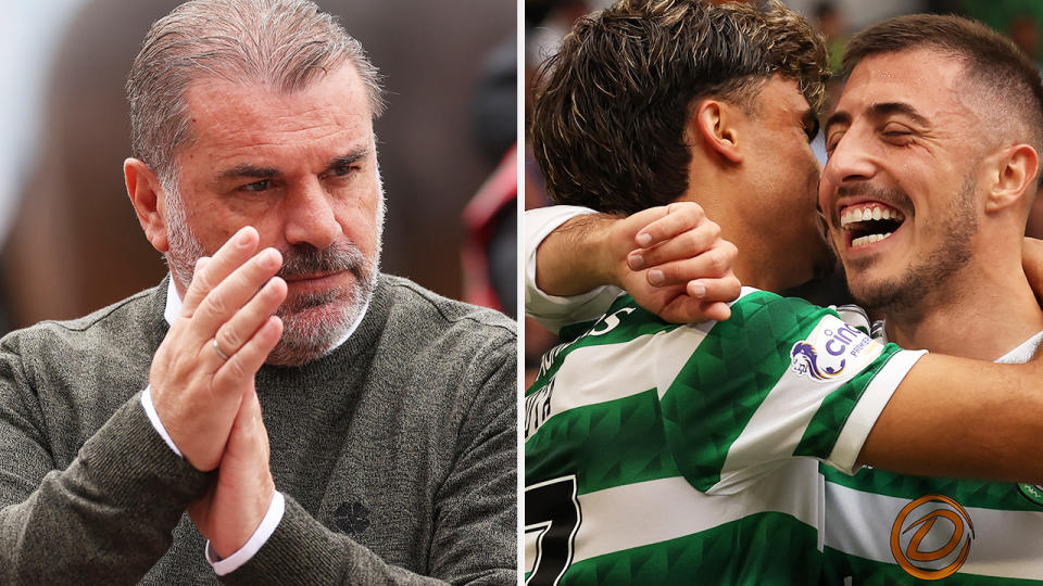 Ange Postecoglou is pictured left, with Celtic players embracing in celebration on the right.