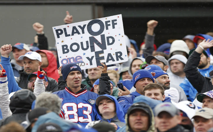 Sep 13, 2015; Orchard Park, NY, USA; Buffalo Bills fans show support during the second half of the game against the Indianapolis Colts at Ralph Wilson Stadium. Bills beat the Colts 27-14. Mandatory Credit: Kevin Hoffman-USA TODAY Sports