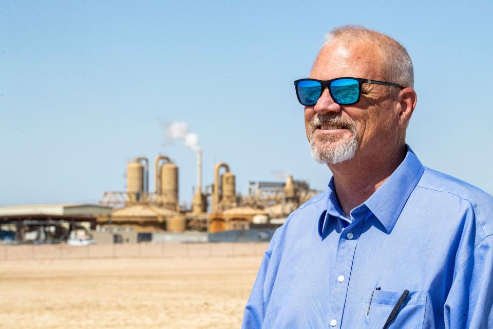 Imperial County Supervisor Ryan Kelley in front of a geothermal plant near Calipatria, Calif., where several lithium extraction developments have been proposed. Wednesday, May 18, 2022.