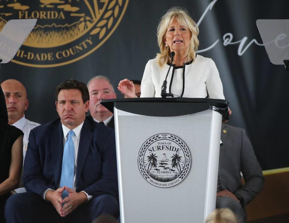 First Lady of the United States Jill Biden speaks during a public memorial event on Friday, June 24, 2022, to mark the one-year anniversary of the collapse of Champlain Towers South in Surfside, Florida.