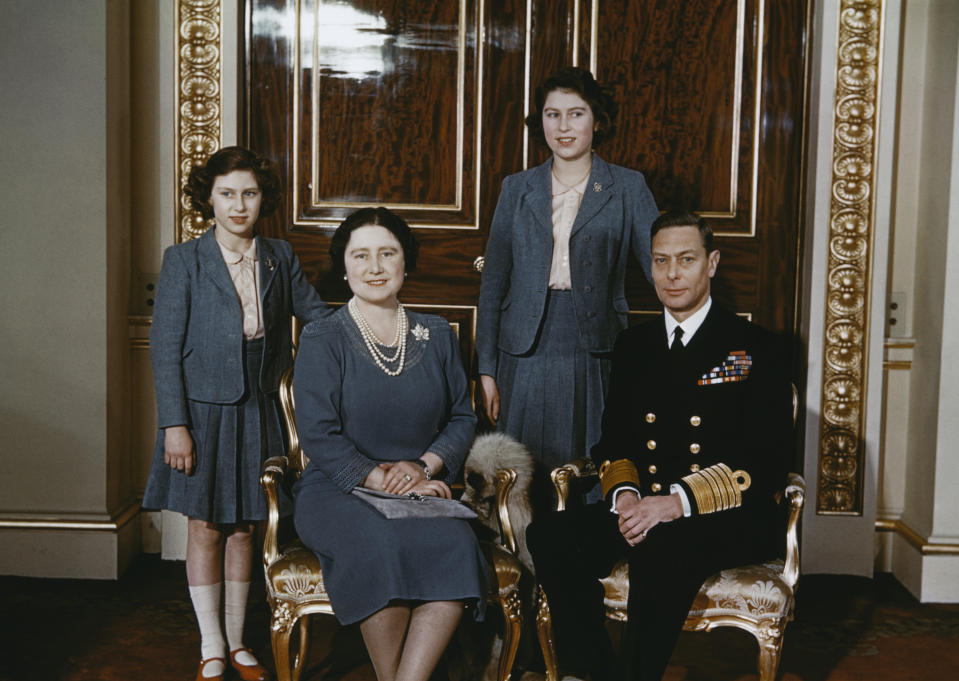 The royal family at Buckingham Palace, May 1942. From left to right, Princess Elizabeth, Queen Elizabeth (later the Queen Mother, Princess Margaret Rose and King George VI. (Photo by Fox Photos/Hulton Archive/Getty Images)