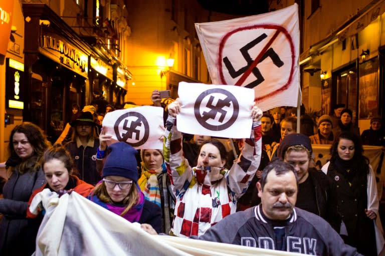 People take part in an anti-extreme right rally in Bratislava in 2016