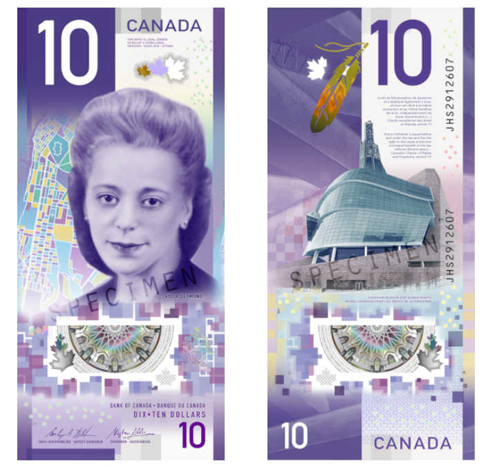<strong>Billete de 10 dólares canadienses (US$7.90)</strong>. <em>Imagen de la web de la Sociedad Internacional de Billetes Bancarias (IBNS, por su iniciales en inglés). Cortesía del Banco de Canadá</em>.