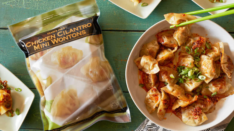 Bag of chicken cilantro wontons and cooked wontons