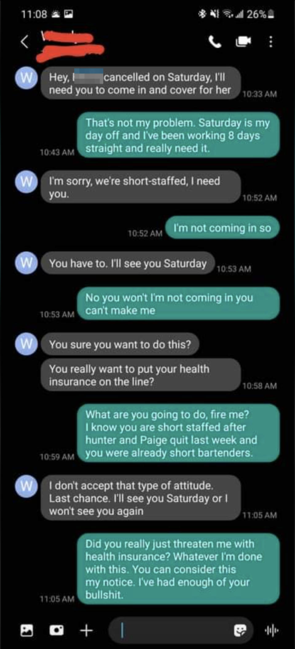 Text conversation showing an employee refusing a shift. Store manager tries pressuring with health insurance threat, employee stands firm on not working