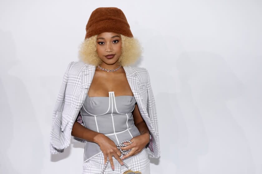 Amandla Stenberg attends the Thom Browne Fall 2022 fashion show at the Javits Center on Friday, April. 29, 2022, in New York. (Photo by Charles Sykes/Invision/AP)