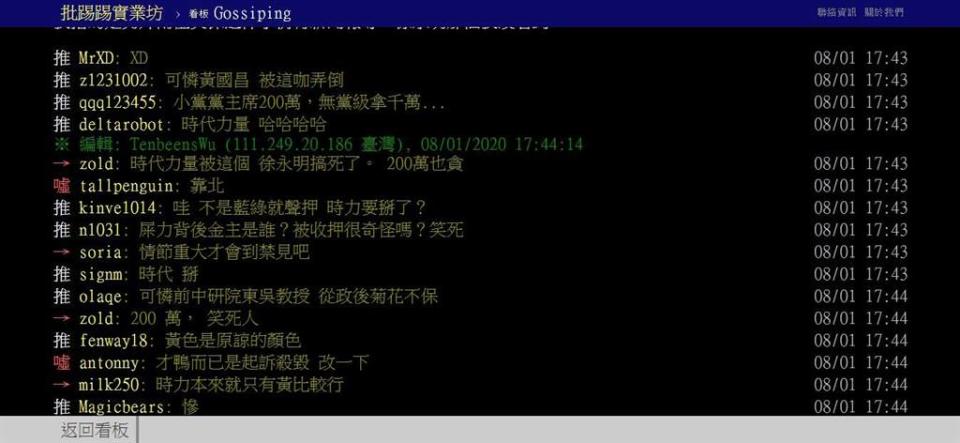 PTT網友討論徐永明涉貪對時代力量的影響。(取自PTT)