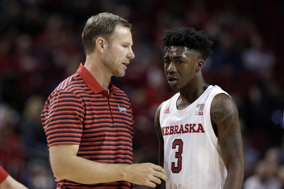 In this Wednesday, Oct. 30, 2019 photo, Nebraska coach Fred Hoiberg talks to Cam Mack (3) during an NCAA college basketball exhibition game against Doane University in Lincoln, Neb. Hoiberg knows the track record of Nebraska basketball coaches is not good. He wanted the job anyway. He takes over a program that has not won a conference championship in 70 years or ever won a game in the NCAA Tournament. He says a sold-out arena and top-notch facilities can trump the program's lack of tradition. (AP Photo/Nati Harnik)