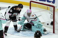 Atlantic Division's Matthew Tkachuk, of the Florida Panthers (19) scores against Metropolitan Divisions' goaltender Ilya Sorokin, of the New York Islanders (30) during the NHL All Star hockey game, Saturday, Feb. 4, 2023, in Sunrise, Fla. (AP Photo/Marta Lavandier)