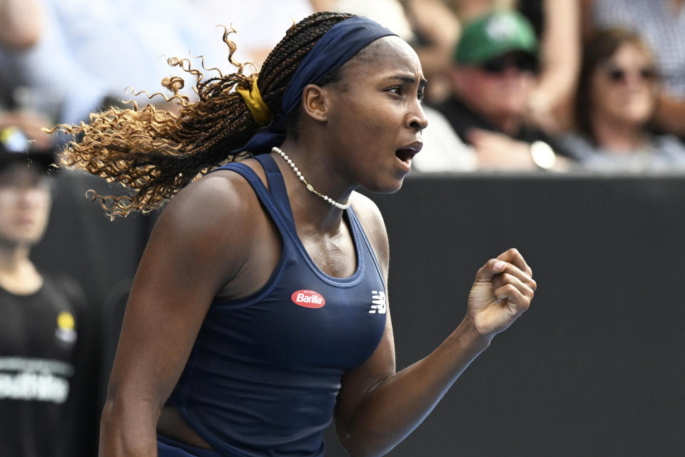 Coco Gauff of the United States reacts during the final of the ASB Tennis Classic against Elina Svitolina of Ukraine in Auckland, New Zealand, Sunday, Jan. 7, 2024. (Andrew Cornaga/Photosport via AP)