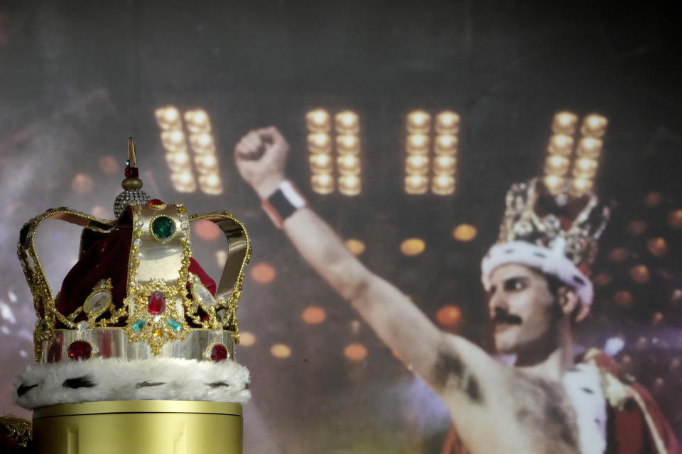 Freddie Mercury's signature crown worn throughout the 'Magic' Tour, on display at Sotheby's auction rooms in London, Thursday, Aug. 3, 2023. More than 1,000 of Freddie Mercury's personal items, including his flamboyant stage costumes, handwritten drafts of “Bohemian Rhapsody” and the baby grand piano he used to compose Queen's greatest hits, are going on show in an exhibition at Sotheby's London ahead of their sale. (AP Photo/Kirsty Wigglesworth)