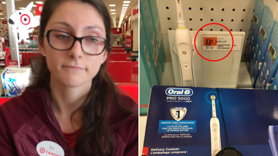The images the disgusted customer posted of the manager Tori(left) and the toothbrush she refused to sell him for one cent (right). 