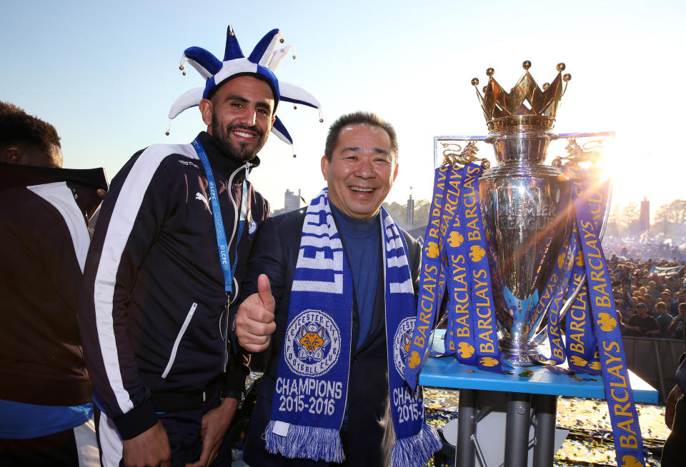 Riyad Mahrez and Vichai Srivaddhanaprabha after Leicester’s title win in 2016