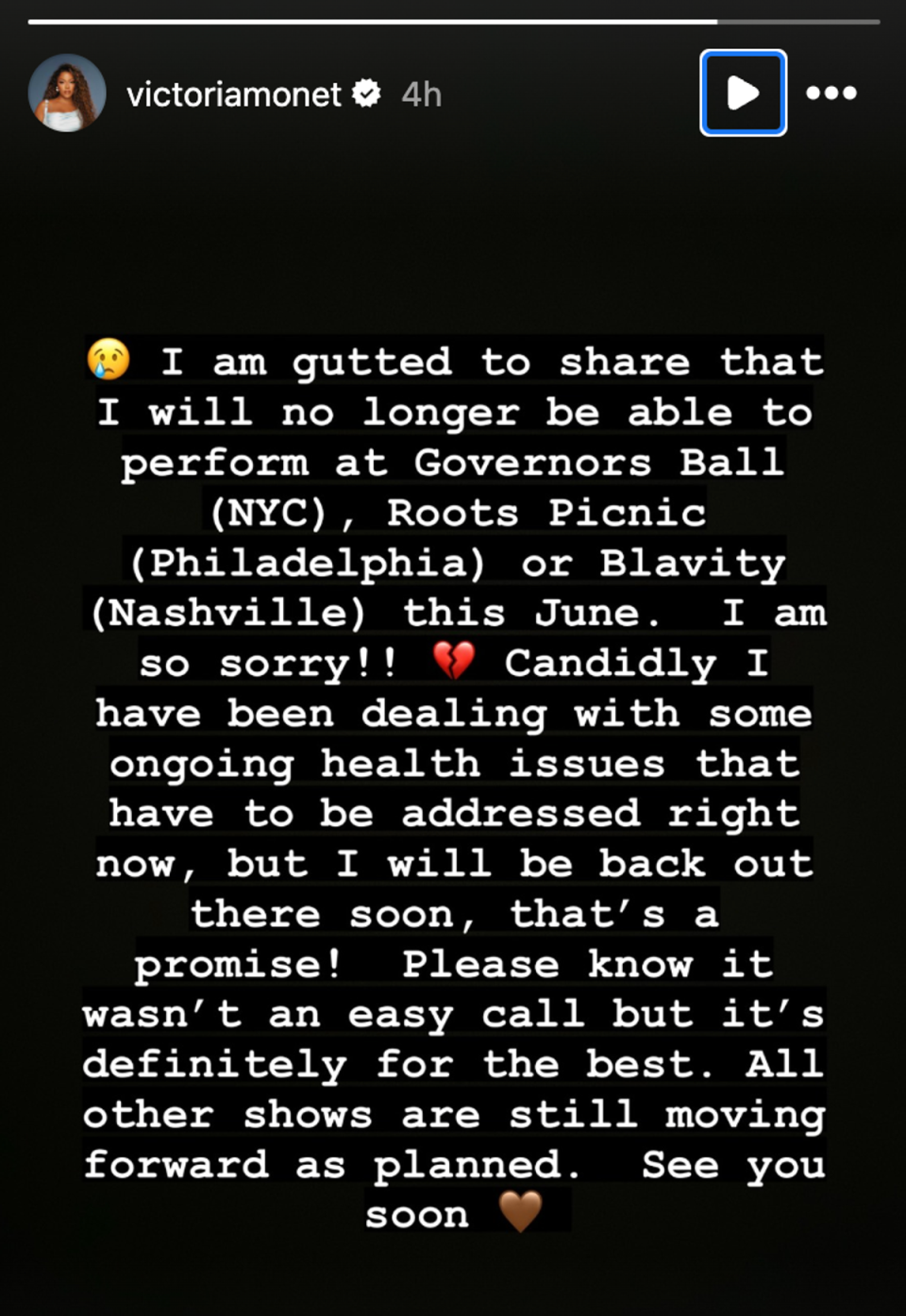 Victoria Monét announces cancelation of summer music festival appearances on Instagram (Victoria Monét/Instagram)