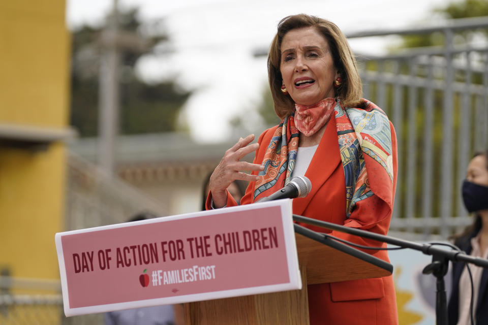 House Speaker Nancy Pelosi speaks at a news conference at the Mission Education Center Elementary School Wednesday, Sept. 2, 2020, in San Francisco. Pelosi said she takes responsibility for trusting the word of a San Francisco hair salon she's visited over the years when it told her it was OK to come in for a solo visit this week, even though the city still does not allow indoor beauty services. (AP Photo/Eric Risberg)